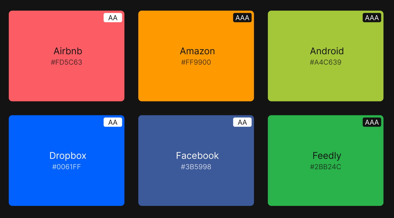 Primary colors for well-known brands, as well as their WCAG color contrast level